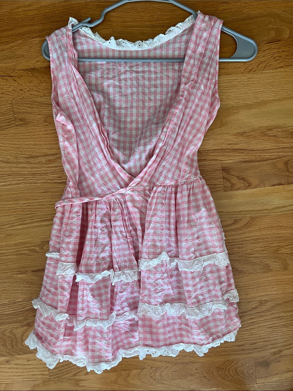 Vintage Girls Pink Gingham Tiered Lace Dress size 7/8
